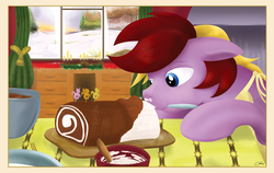 Size: 2527x1600 | Tagged: safe, artist:stec-corduroyroad, oc, oc only, oc:corduroy road, earth pony, pony, baking, cake, chocolate, christmas, cooking, decoration, food, frosting, hearth's warming, hearth's warming eve, kitchen, male, solo, stallion, yule log