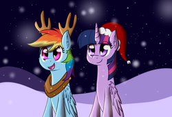 Size: 1544x1050 | Tagged: safe, artist:zogzor, rainbow dash, twilight sparkle, alicorn, pony, g4, ear fluff, female, hat, horse collar, lesbian, night, reindeer antlers, reindeer dash, santa hat, ship:twidash, shipping, snow, snowfall, twilight sparkle (alicorn)