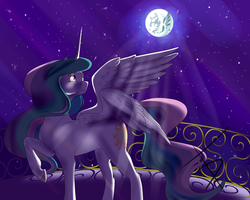 Size: 3500x2800 | Tagged: safe, artist:fullmoondagger, princess celestia, pony, g4, balcony, crepuscular rays, female, high res, looking up, mare in the moon, moon, moonlight, night, raised hoof, solo, spread wings, stars