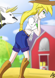 Size: 1024x1448 | Tagged: safe, artist:achaoticdotstar, applejack, cow, equestria girls, g4, ambiguous facial structure, anatomically incorrect, bad anatomy, barn, belly button, boots, clothes, cowboy hat, female, front knot midriff, hat, human coloration, midriff, pulling, shorts, signature, solo, stetson, sweet apple acres