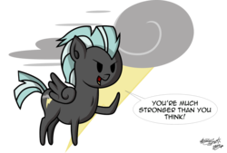 Size: 1440x975 | Tagged: safe, artist:zsparkonequus, thunderlane, pegasus, pony, g4, backwards cutie mark, cutie mark background, dialogue, encouragement, male, pointy ponies, simple background, solo, speech bubble, stallion, transparent background