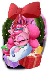 Size: 2500x3474 | Tagged: safe, artist:madacon, pinkie pie, earth pony, pony, g4, alternate hairstyle, blushing, bow, choker, christmas, clothes, collar, cute, diapinkes, ear piercing, eyes closed, female, headband, high res, piercing, present, ribbon, smiling, solo, wreath