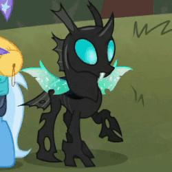 Size: 268x268 | Tagged: safe, screencap, discord, thorax, trixie, changeling, pony, unicorn, g4, to where and back again, animated, blinking, cute, female, floppy ears, gif, mare, raised hoof, solo focus, thorabetes, worried