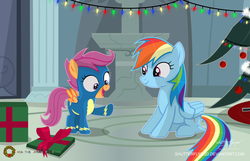 Size: 3007x1935 | Tagged: safe, artist:shutterflyeqd, rainbow dash, scootaloo, pegasus, pony, g4, christmas, christmas lights, christmas tree, clothes, cute, cutealoo, dashabetes, female, filly, hearth's warming, mare, open mouth, present, scootalove, smiling, tree, wonderbolts uniform