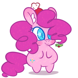 Size: 900x900 | Tagged: safe, artist:dailypinkiepie, pinkie pie, pony, g4, blushing, chibi, christmas, chubby, chubby cheeks, female, hat, holly, holly mistaken for mistletoe, santa hat, simple background, solo, white background, wingding eyes