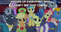 Size: 400x215 | Tagged: safe, edit, edited screencap, screencap, apple bloom, applejack, caesar, count caesar, dark moon, graphite, masquerade, perfect pace, pokey pierce, sunshower raindrops, earth pony, pony, unicorn, g4, make new friends but keep discord, caption, clothes, discovery family logo, dress, female, filly, foal, image macro, looking at you, male, mare, meme, reaction image, stallion
