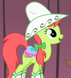 Size: 282x308 | Tagged: safe, screencap, peachy sweet, earth pony, pony, g4, over a barrel, apple family member, background pony, bow, cowboy hat, cropped, female, hair bow, hat, looking up, mare, solo