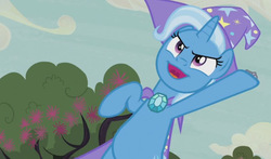 Size: 640x377 | Tagged: safe, screencap, trixie, pony, unicorn, g4, to where and back again, belly, bipedal, cape, clothes, cute, diatrixes, female, hat, mare, raised hoof, solo, trixie's cape, trixie's hat