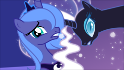 Size: 5000x2814 | Tagged: safe, artist:orin331, idw, nightmare rarity, princess luna, alicorn, pony, unicorn, g4, duo, female, high res, idw showified, mare, nightmare rarity (arc), role reversal, s1 luna, scared, show accurate