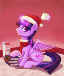 Size: 1896x2269 | Tagged: safe, artist:the-park, twilight sparkle, alicorn, pony, g4, blushing, book, bow, christmas, clothes, cup, cute, eggnog, female, glowing horn, hat, horn, magic, santa hat, scarf, sitting, smiling, solo, twiabetes, twilight sparkle (alicorn)