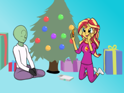 Size: 1296x968 | Tagged: safe, artist:zharkaer, sunset shimmer, oc, oc:anon, human, phoenix, equestria girls, g4, christmas, christmas tree, clothes, duo, feather, gloves, gradient background, open mouth, pajamas, present, sitting, tree