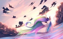 Size: 3840x2400 | Tagged: dead source, safe, artist:gianghanz, princess celestia, pony, g4, cloud, female, high res, looking up, ocean, sky, solo