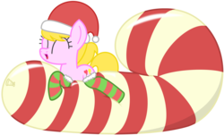 Size: 2528x1531 | Tagged: safe, artist:sny-por, oc, oc only, oc:lola balloon, pony, balloon, balloon fetish, balloon riding, candy, candy cane, christmas, clothes, fetish, food, hat, party balloon, ponytail, santa hat, simple background, socks, solo, striped socks, that pony sure does love balloons, transparent background