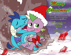 Size: 1024x791 | Tagged: safe, artist:loreto-arts, princess ember, spike, dragon, g4, blushing, christmas, hat, male, santa hat, ship:emberspike, shipping, snow, straight