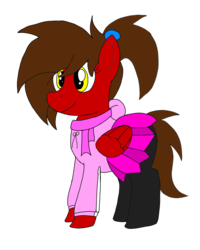 Size: 1200x1500 | Tagged: safe, artist:toyminator900, oc, oc only, oc:crisp, pony, clothes, cute, hoodie, ocbetes, pantyhose, pleated skirt, rule 63, scarf, simple background, skirt, skirt lift, solo, transparent background