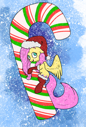 Size: 1000x1468 | Tagged: safe, artist:slamjam, fluttershy, pony, g4, candy, candy cane, christmas, clothes, female, food, hat, santa hat, snow, snowfall, solo, stockings