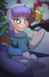 Size: 1650x2550 | Tagged: safe, artist:drawponies, boulder (g4), maud pie, earth pony, pony, g4, blushing, cargo ship, christmas tree, clothes, duo, eyeshadow, lidded eyes, makeup, mistletoe, shipping, snow, tree