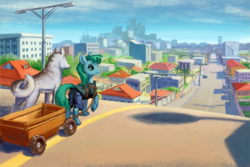 Size: 1000x666 | Tagged: safe, artist:adeptus-monitus, oc, oc only, oc:lonely day, dog, earth pony, pony, fanfic:the last pony on earth, ponies after people, cart, city, cityscape, clothes, female, hooves, mare, raised hoof, solo