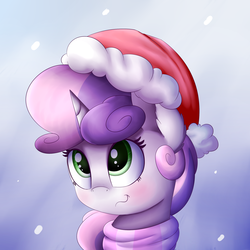 Size: 2000x2000 | Tagged: safe, artist:vanillaghosties, sweetie belle, pony, g4, cute, diasweetes, female, hat, high res, santa hat, snow, snowfall, solo, wavy mouth