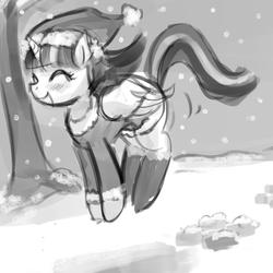 Size: 2000x2000 | Tagged: safe, artist:lumineko, twilight sparkle, alicorn, pony, g4, blushing, boots, bouncing, clothes, costume, cute, female, grayscale, hat, high res, irrational exuberance, jumping, mare, monochrome, pronking, santa costume, santa hat, sketch, smiling, snow, solo, sproing, tree, twiabetes, twilight sparkle (alicorn)