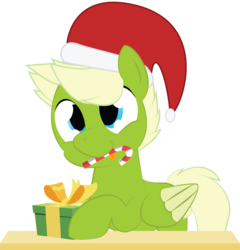 Size: 2000x2082 | Tagged: safe, artist:mintysketch, oc, oc only, oc:ponytronic, pegasus, pony, candy, candy cane, food, hat, high res, holding a present, male, minty's christmas ponies, mouth hold, present, santa hat, simple background, smiling, solo, tongue out, transparent background, vector