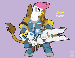 Size: 3300x2550 | Tagged: safe, artist:inspectornills, gilda, griffon, g4, bipedal, crossover, female, high res, overwatch, purple background, simple background, solo, zarya
