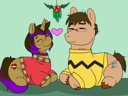 Size: 1440x1080 | Tagged: safe, artist:deltafairy, oc, oc only, oc:creme de cocoa, oc:precious peridots, earth pony, pony, unicorn, christmas, christmas sweater, clothes, female, holly, holly mistaken for mistletoe, lying down, male, mare, ponyloaf, sitting, stallion, sweater