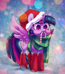 Size: 2228x2527 | Tagged: safe, artist:dawnfire, twilight sparkle, alicorn, pony, g4, candy, candy cane, christmas, clothes, cute, female, food, hat, high res, holiday, horn, mouth hold, nibbling, puffy cheeks, santa hat, scarf, snow, socks, solo, spread wings, striped scarf, twiabetes, twilight sparkle (alicorn)
