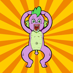 Size: 600x600 | Tagged: safe, artist:テンガミ さん, spike, dragon, g4, belly button, drool, fangs, lips, male, open mouth, pose, smiling, solo, sunburst background, uvula, wat, wide eyes