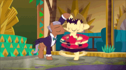 Size: 600x337 | Tagged: safe, screencap, betty hoof, gallant starpalm, earth pony, pony, dungeons and discords, g4, season 6, animated, betty boop, bloomers, bracelet, clothes, dancing, dress, flapper, garter, gif, jewelry, ponified, slowed down, spinning, tuxedo