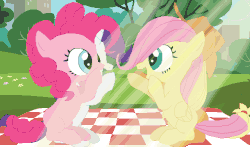 Size: 500x294 | Tagged: safe, applejack, fluttershy, pinkie pie, rarity, g4, animated, blank flank, crepuscular rays, cute, eye contact, female, filly, filly applejack, filly fluttershy, filly pinkie pie, filly rarity, gif, happy, looking at each other, open mouth, pattycakes, smiling, younger