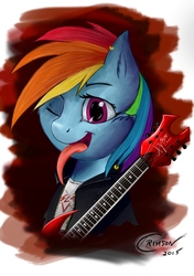 Size: 1200x1700 | Tagged: safe, artist:crimson, rainbow dash, pony, g4, female, guitar, long tongue, one eye closed, solo, tongue out, wink