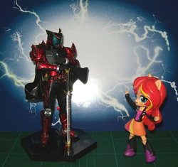 Size: 903x850 | Tagged: safe, sunset shimmer, equestria girls, g4, boots, clothes, crossover, dark kiva, doll, equestria girls minis, jacket, kamen rider, kamen rider kiva, leather jacket, skirt, toy
