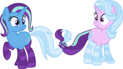 Size: 5618x3162 | Tagged: safe, artist:osipush, starlight glimmer, trixie, pony, unicorn, g4, absurd resolution, bodypaint, clothes, cutie mark swap, female, mare, mashup, palette swap, raised hoof, recolor, simple background, smiling, socks, striped socks, transparent background, vector