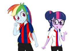 Size: 1174x829 | Tagged: safe, artist:mildockart, rainbow dash, sci-twi, twilight sparkle, equestria girls, g4, clothes, crystal palace fc, duo, fist, football, glasses, open mouth, pants, simple background, uniform, white background