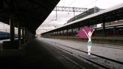 Size: 1280x720 | Tagged: safe, pinkie pie, equestria girls, g4, my little pony equestria girls: legend of everfree, equestria girls in real life, irl, photo, railroad, russia, snow, train, train station, winter