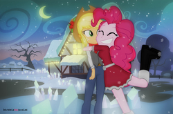 Size: 6611x4373 | Tagged: safe, artist:invisibleink, applejack, pinkie pie, equestria girls, g4, hearthbreakers, season 5, absurd resolution, boots, christmas, clothes, dress, female, hearth's warming, hug