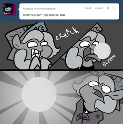 Size: 666x673 | Tagged: safe, artist:egophiliac, princess luna, moonstuck, g4, cartographer's cap, filly, grayscale, hat, lunar stone, marauder's mantle, monochrome, tongue out, woona, woonoggles, younger