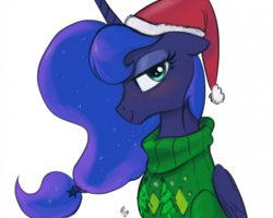 Size: 850x681 | Tagged: source needed, safe, artist:ehfa, princess luna, pony, g4, clothes, female, hat, santa hat, simple background, solo, sweater