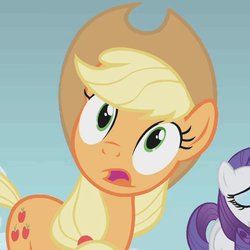 Size: 511x512 | Tagged: safe, screencap, applejack, rarity, earth pony, pony, unicorn, dragonshy, g4, cropped, faic, solo focus