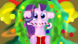 Size: 1280x720 | Tagged: safe, artist:jbond, starlight glimmer, pony, unicorn, g4, 2017, :3, christmas, christmas gift, christmas lights, christmas tree, female, floppy ears, happy new year, holiday, mare, merry christmas, mouth hold, postcard, present, solo, sugar cane, text, tree