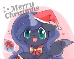 Size: 807x640 | Tagged: safe, artist:dream candy, princess luna, alicorn, pony, g4, bowtie, cute, eye clipping through hair, female, hat, lunabetes, magic, open mouth, present, santa hat, solo, telekinesis