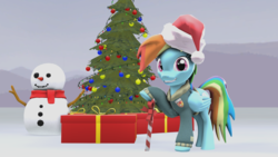 Size: 1920x1080 | Tagged: safe, artist:fd-daylight, rainbow dash, pony, g4, 3d, candy, christmas tree, clothes, cute, female, food, happy, hat, looking at you, santa hat, scarf, snowman, solo, source filmmaker, tree, underhoof