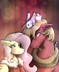 Size: 1471x1781 | Tagged: safe, artist:monnarcha, angel bunny, big macintosh, fluttershy, earth pony, pony, g4, clothes, haystick, male, ship:fluttermac, shipping, signature, stallion, straight