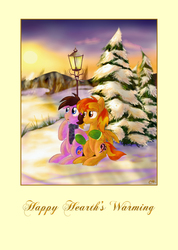 Size: 2140x3000 | Tagged: safe, artist:stec-corduroyroad, oc, oc only, oc:corduroy road, oc:sunset heights, earth pony, pegasus, pony, christmas, clothes, gloves, hearth's warming, hearth's warming eve, high res, lamppost, linking arms, male, scarf, sitting, snow, stallion, sun, sunset, tree