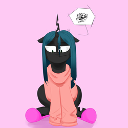 Size: 2000x2000 | Tagged: safe, artist:passigcamel, queen chrysalis, pony, g4, clothes, female, high res, pictogram, queen chrysalis is not amused, simple background, sitting, slippers, solo, sweater, unamused
