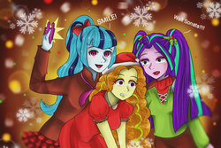 Size: 1024x682 | Tagged: safe, artist:violetleegee, adagio dazzle, aria blaze, sonata dusk, equestria girls, g4, bow, cellphone, clothes, hair bow, hat, holly, open mouth, phone, santa hat, selfie, the dazzlings, waving