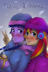 Size: 675x1013 | Tagged: safe, artist:g-glory, sunset shimmer, twilight sparkle, equestria girls, g4, blushing, chocolate, clothes, earmuffs, female, food, hat, hot chocolate, jacket, lesbian, merry christmas, scarf, ship:sunsetsparkle, shipping