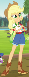 Size: 335x868 | Tagged: safe, screencap, applejack, spike, spike the regular dog, dog, equestria girls, g4, my little pony equestria girls: legend of everfree, boots, clothes, cowboy boots, cowboy hat, cropped, duffle bag, female, freckles, hat, shorts, solo, stetson