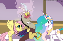 Size: 2656x1719 | Tagged: safe, artist:bananimationofficial, discord, fluttershy, princess celestia, alicorn, draconequus, pegasus, pony, g4, blushing, crown, cute, deviantart, discute, eye contact, flying, frown, jewelry, looking at each other, male, open mouth, pushing, regalia, ship:dislestia, shipper on deck, shipping, shy, smiling, spread wings, straight, trio, wide eyes